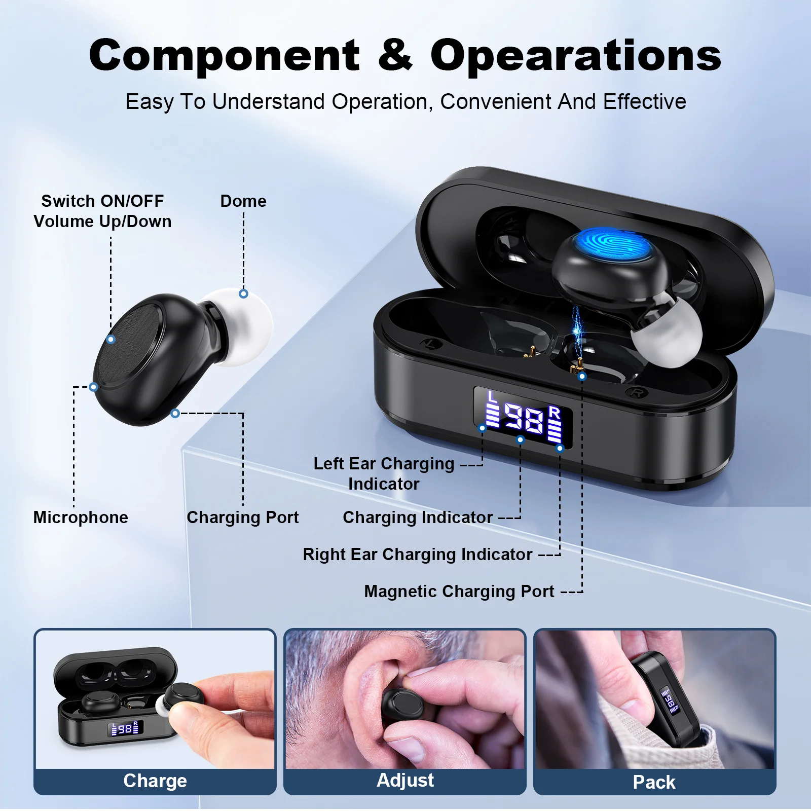 CIC Rechargeable hearing aid, hearing loss for the elderly, digital display, adjustable sound amplifier, portable charging case