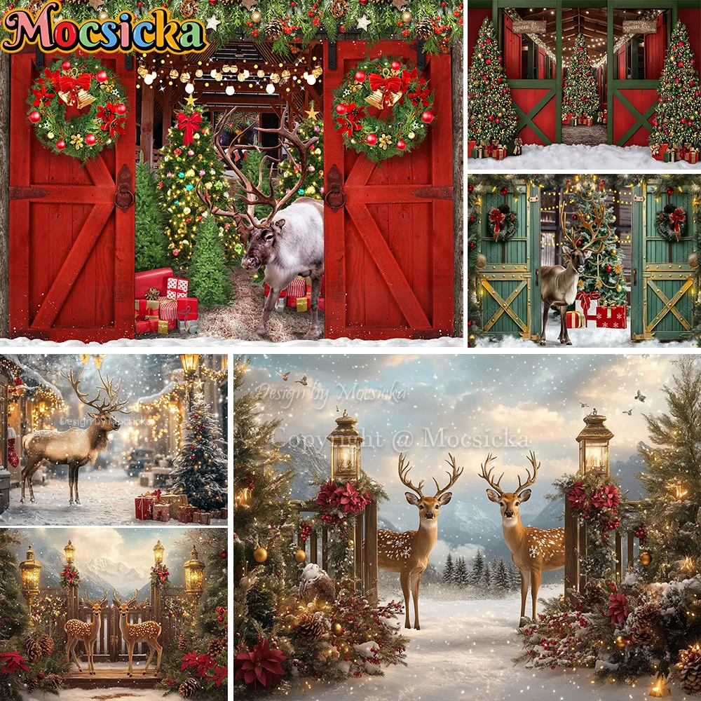Mocsicka الشتاء الأيائل مزرعة خلفية التصوير الفوتوغرافي الأحمر عيد الميلاد إكليل ندفة الثلج باب خشبي خلفية الاطفال الأسرة استوديو الصور
