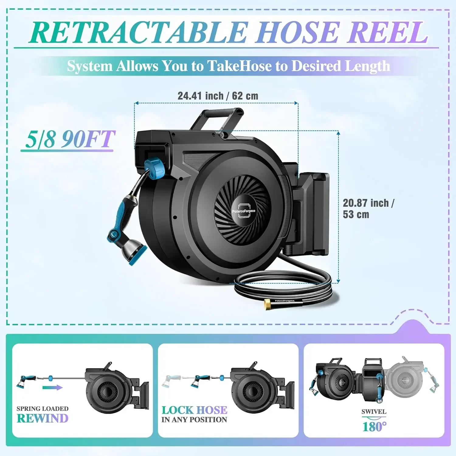 

[Горячее предложение, ограниченное предложение по времени! ] Сверхмощная настенная катушка для водяного шланга, выдвижная катушка для садового шланга 5/8 дюйма x 90 футов, 10 пастеров