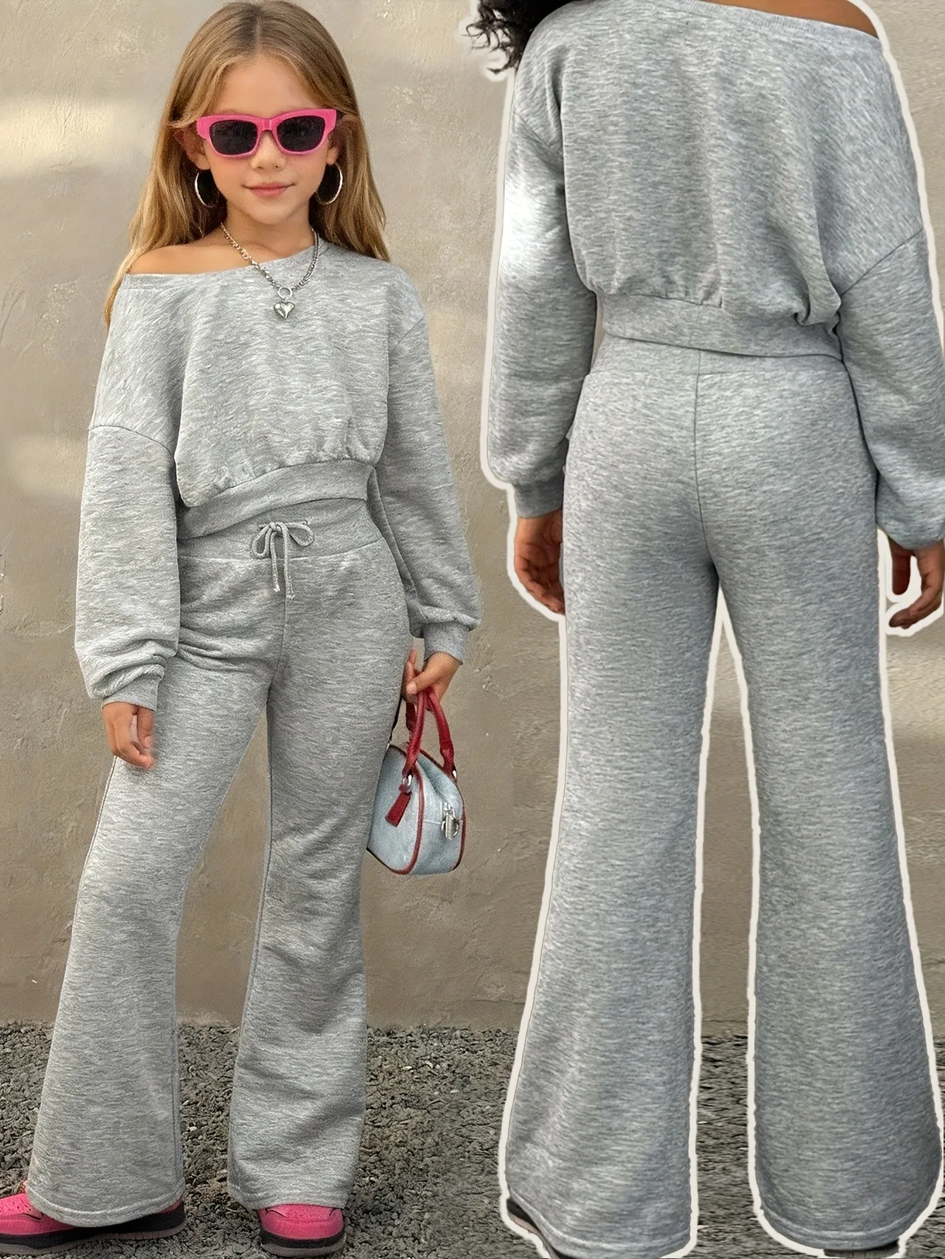 Kids Girls 2 Piece Off Shoulder Long Sleeve Crop Top & High Waist Drawstring Flare Pants Set Casual Streetwear