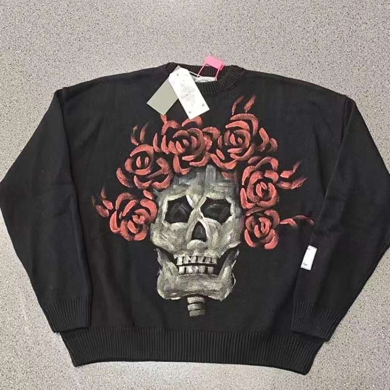 SAINT Black Rose Skull Hand-painted Sweaters Heavy Casual Loose Men's Women's Turtleneck Kint Sweaters