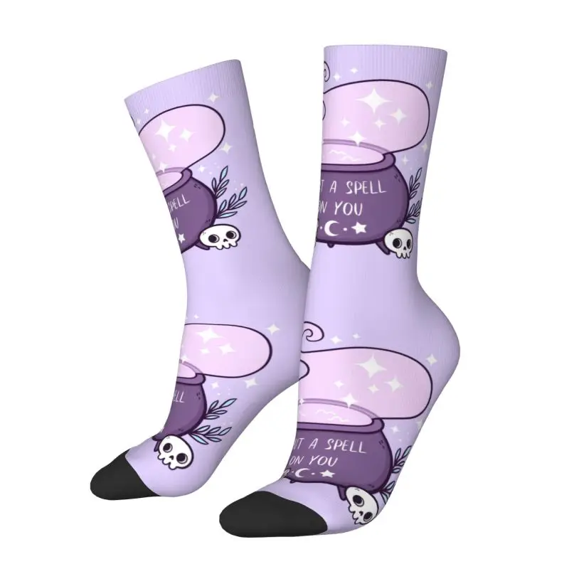 Fashion Printed Witch Cauldron Socks for Men Women Stretchy Summer Autumn Winter Halloween Occult Gothic Skull Crew Socks