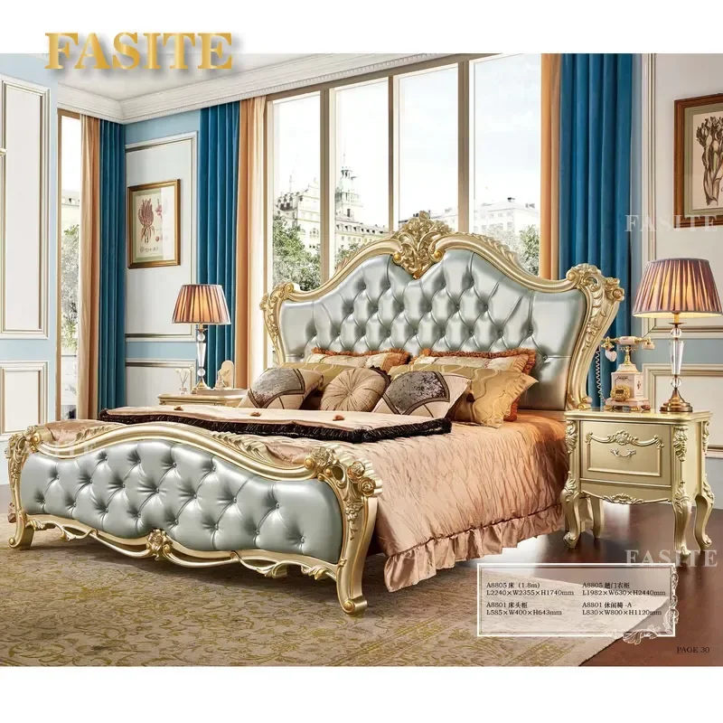 For Queen King Size Bed French Luxury Classic Royal Solid Wood Frame Leather Upholstered Single Double Bedroom Furniture Home