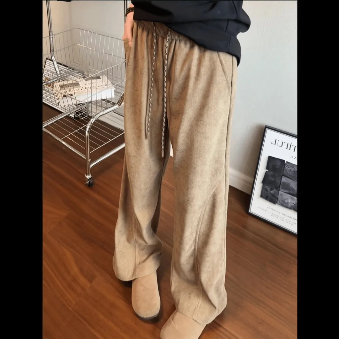 Pantalones escimitar diagonales con patrón oscuro de color caqui, pantalones de chándal de pana retro americanos de otoño para hombre, pantalones deportivos informales drapeados