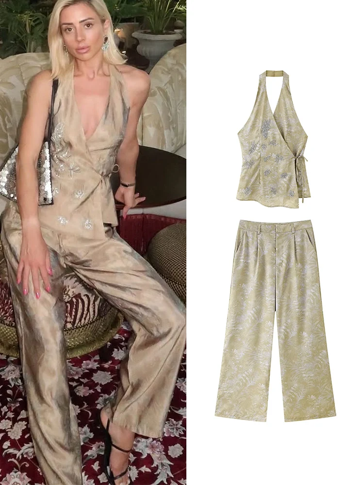 

TFMLN Women's Beaded Embroidery Halter Vest Pants Sets Elegant Open Back Lace Up Tank Top Straight Trousers Female New Outfits