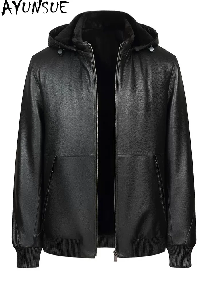 AYUNSUE 100% Cowhide Genuine Leather Jacket Men Hooded Winter Real Mink Fur Liner Parkas Warm Black Leather Fur Coats Luxury