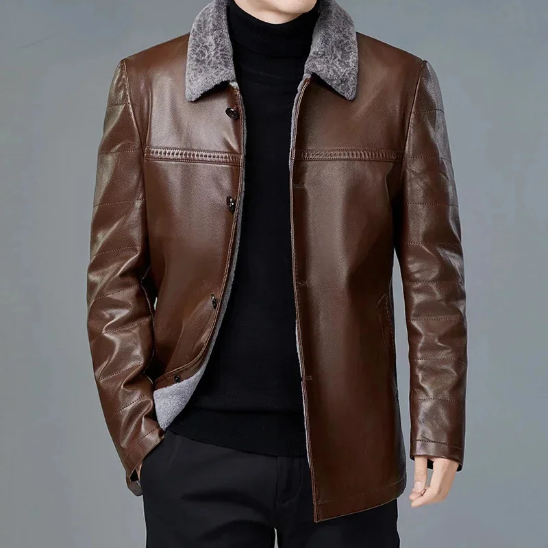 

Genuine Leather Jacket for Men Autumn Winter Plush Thickened Men's Coats Single Breasted Loose Casual Jackets Abrigos