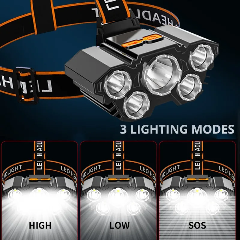 LED Headlamp 5 Bright Light Heads USB Rechargeable Waterproof Multifunctional Head Mounted Searchlight for Outdoor Night Fishing