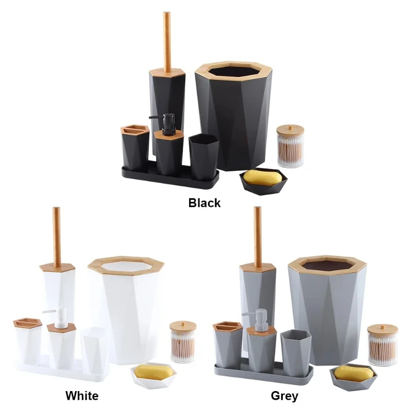 

Набор из 8 аксессуаров для ванной комнаты, включая подстаканник, мусорное ведро, щетка для унитаза, посудомоечная машина, мусорное ведро, щетка и мыльница.