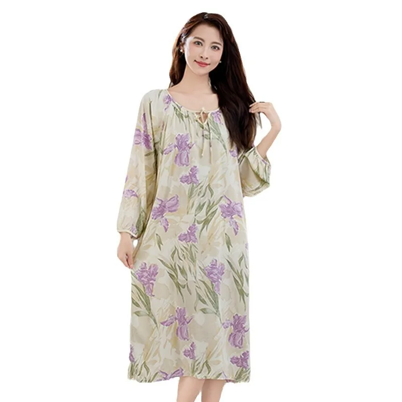 Floral Printing Nightdress Soft Women Summer New Sleepwear Long Sleeve Ladies Nightgown Loose Pregnant Woman Lounge Wear