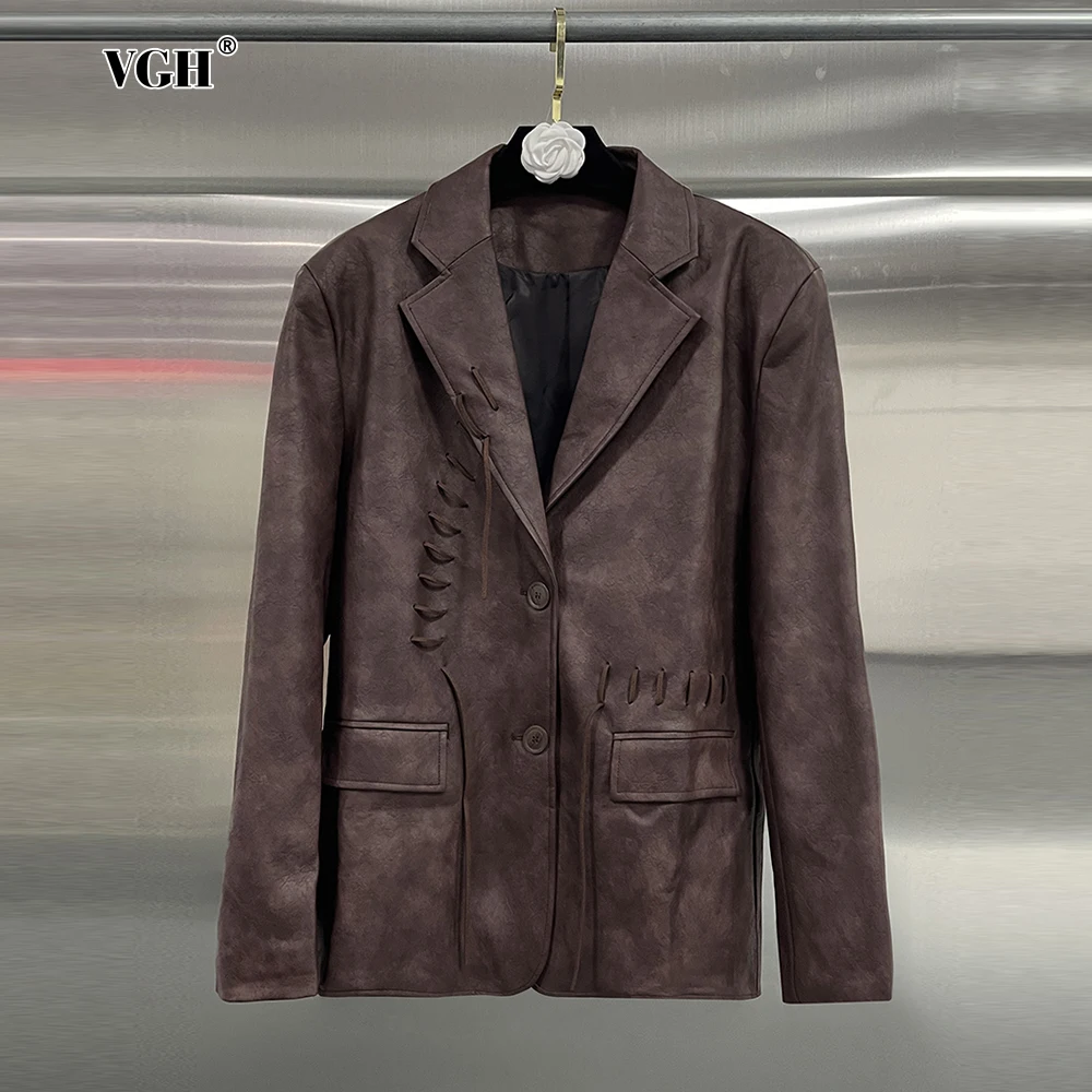 

VGH Retro Patchwork Drawstring Design Blazer For Women Notched Collar Long Sleeve Spliced Buttons Loose Office Coats Female New