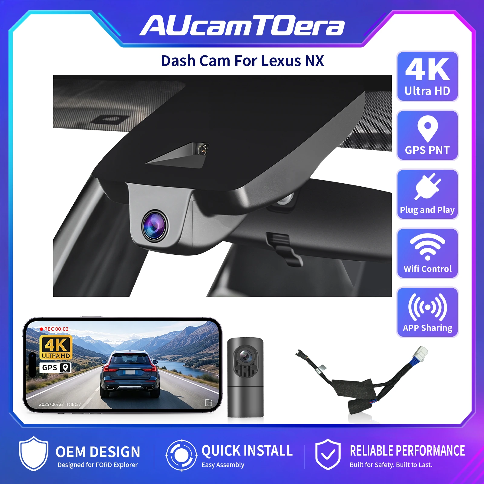AUcamTOera WiFi & APP GPS 4K Car DVR Dash Cam For Lexus NX 250 300 350 450h Dash Car Camera 2018-2026 Plug and Play