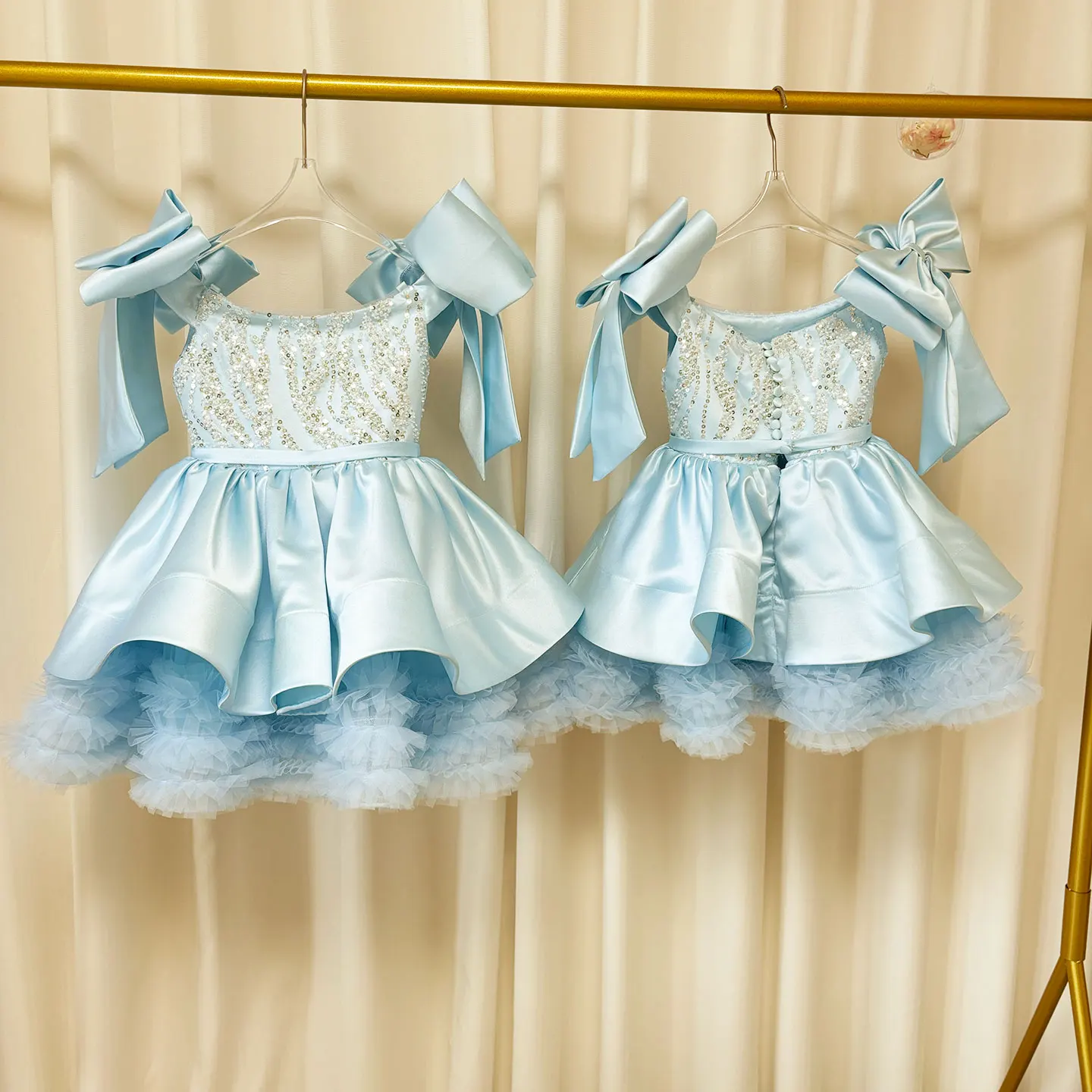 Jill Wish Luxuriöses, elegantes rosa Blumenmädchenkleid mit Schleife und Pailletten, blaues Prinzessinnenkleid für Kinder, Hochzeit, Geburtstag, Kommunion, Party, J148