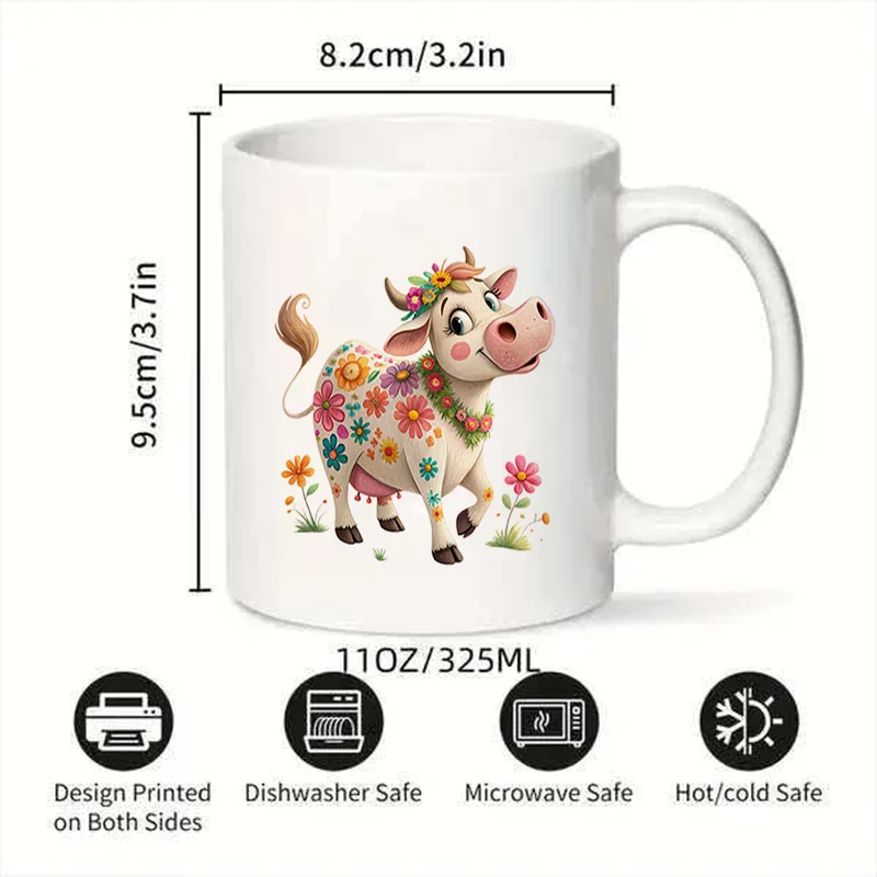 Cute Cow With Colorful Flowers Print Ceramic Coffee Mug, 11oz 350ml Personalized Custom Mug, Microwave Safe Cute Aesthetic Mug,