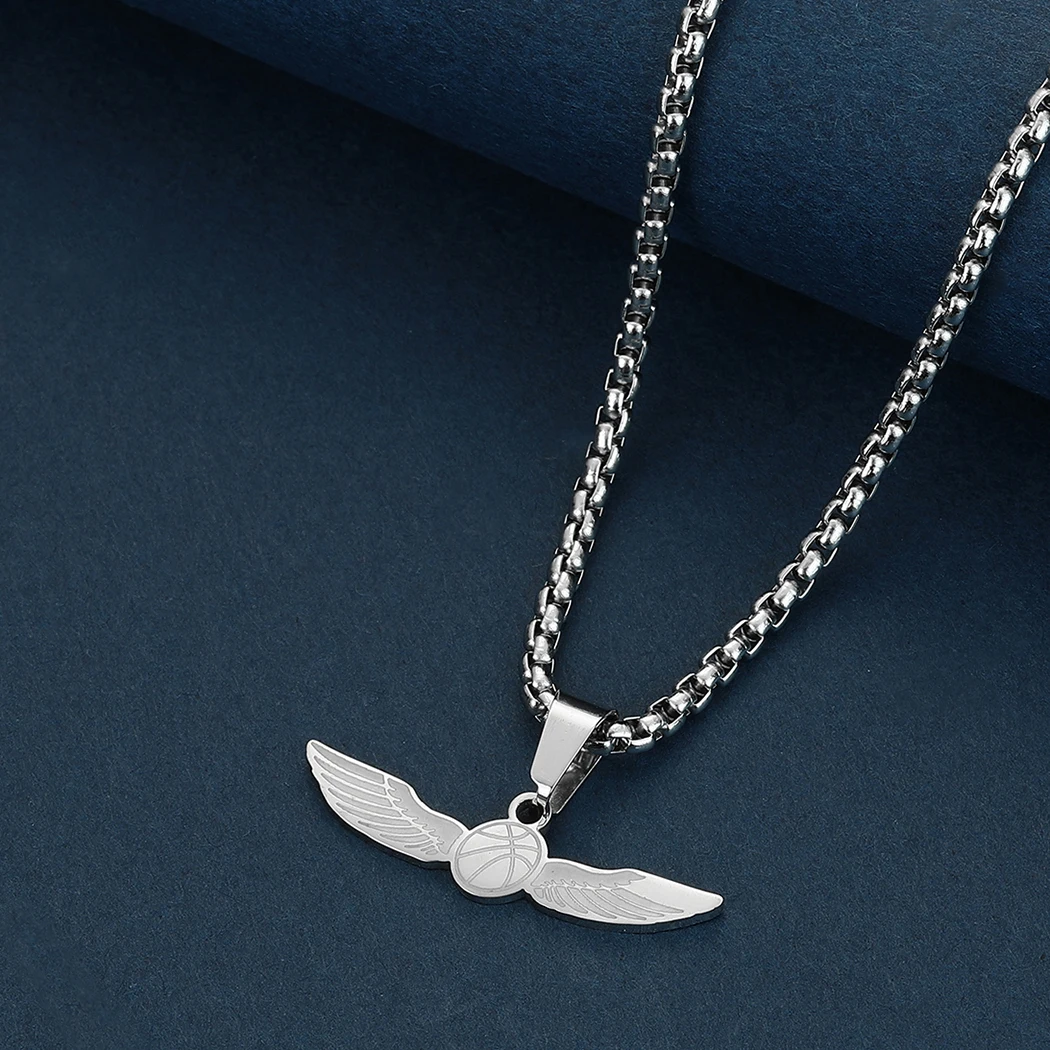CHENGXUN Winged Basket Ball Pendant Necklace for Men Boys Stainless Steel Punk Talisman Sports Charm Chain Hip Hop Jewelry