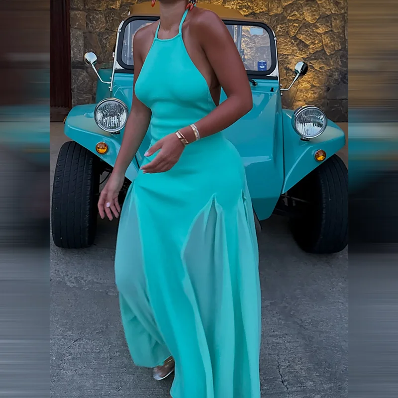 Women's Halter Neck Open Back Maxi Dress Ribbed Knit Top Flowy Chiffon Hem Bodycon Female Summer Evening Vacation Party Dress view 6