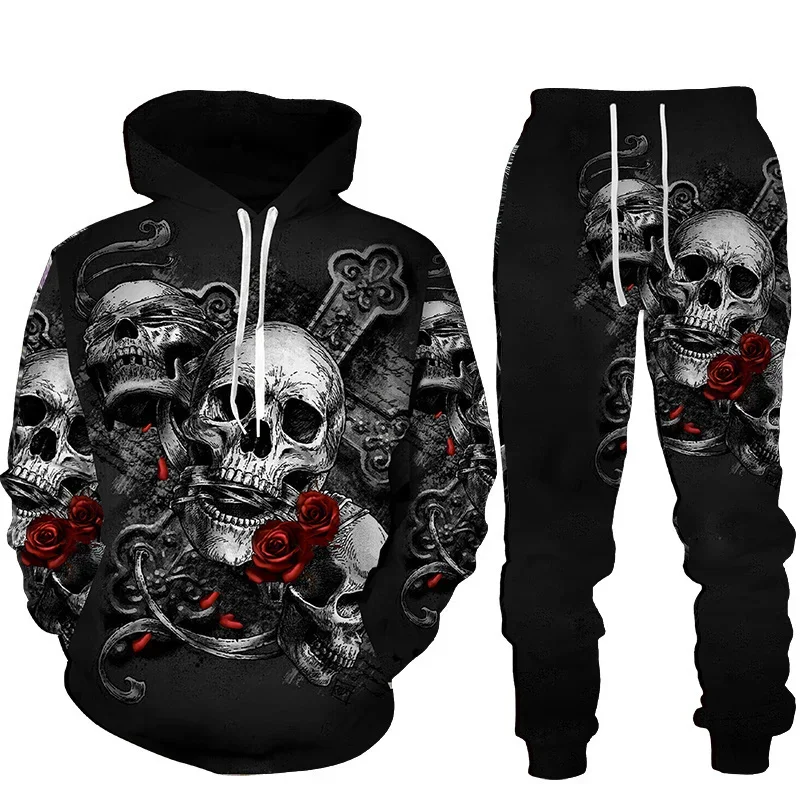 Skull 3D Print Men Punk Hoodie Suit Tracksuit/Pants Goth Skeletons Pullover Casual Streetwear Oversize Autumn Winter Hot-selling