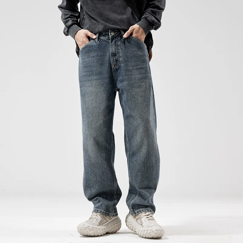 

Japanese trend retro patchwork wide leg long pants for men's autumn and winter oversized demin Casual jeans baggy jeans