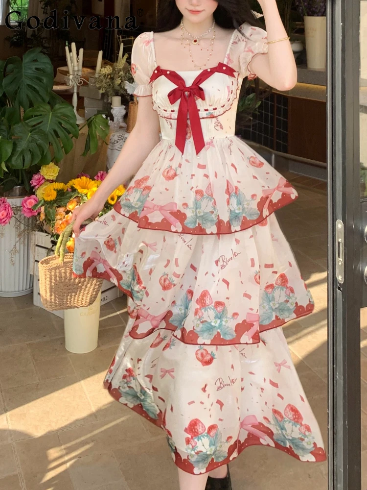 

L-5XL Large Size Girl Cute Sweet Bow Printed Cake Dress Lolita Cute Square Neck High Waist Short Sleeve Summer Princess Dresses