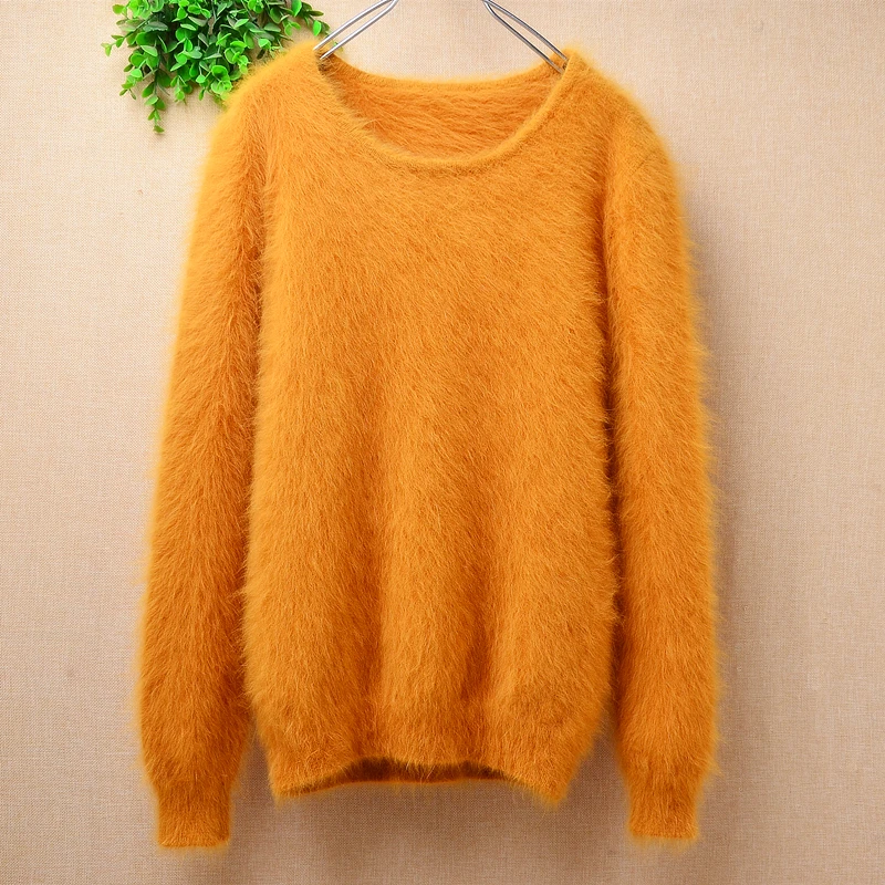 High Quality Broken Sizes Ladies Women Colored Hairy Mink Cashmere Knitted O-Neck Slim Blouses Pullover Angora Fur Sweater Pull