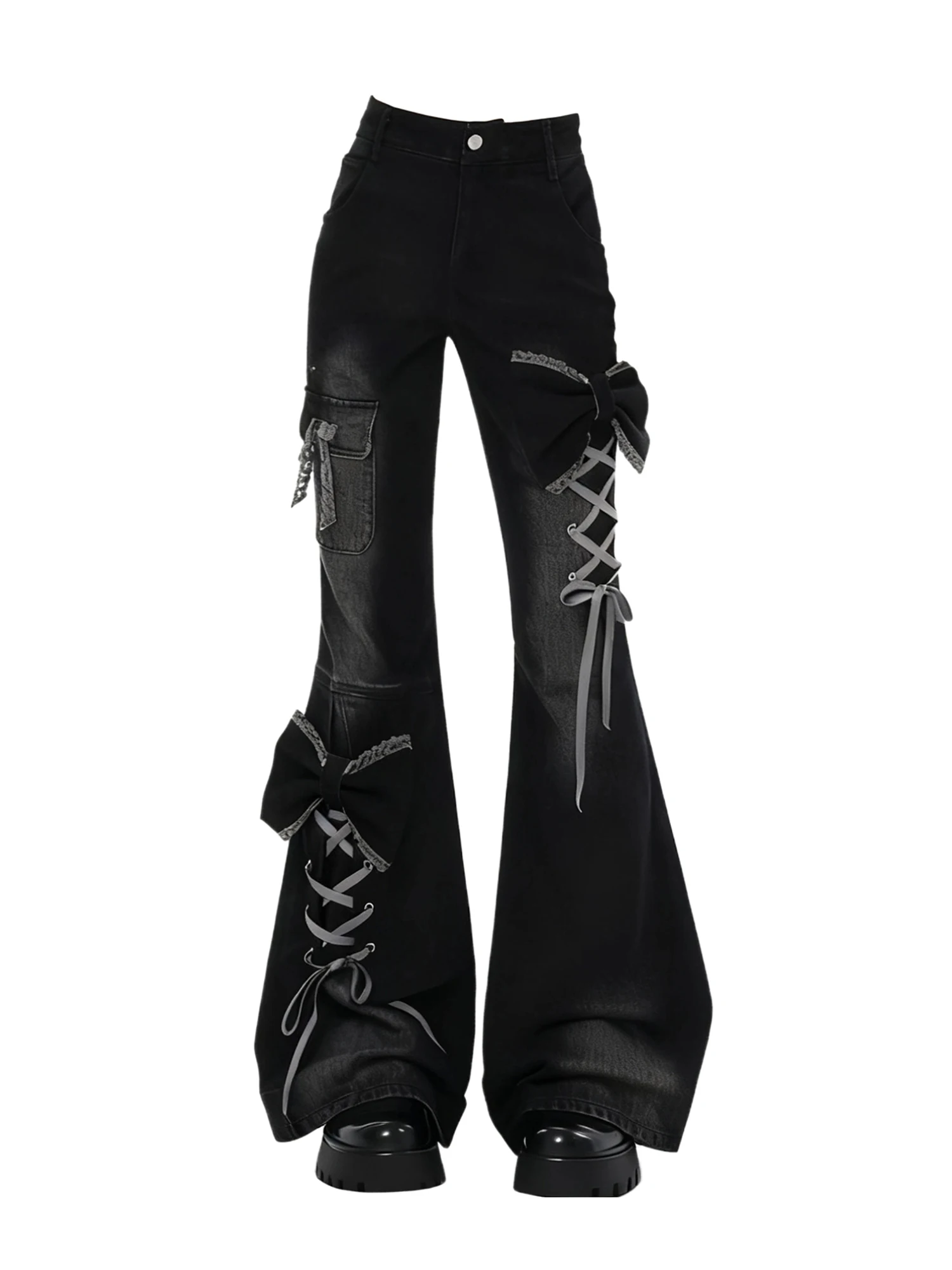 Women Black Gothic Emo Y2k Baggy Bow Lace Up Flare Jeans Japandi Style Vintage Oversize Wide Jean Pants Harajuku Denim Trousers