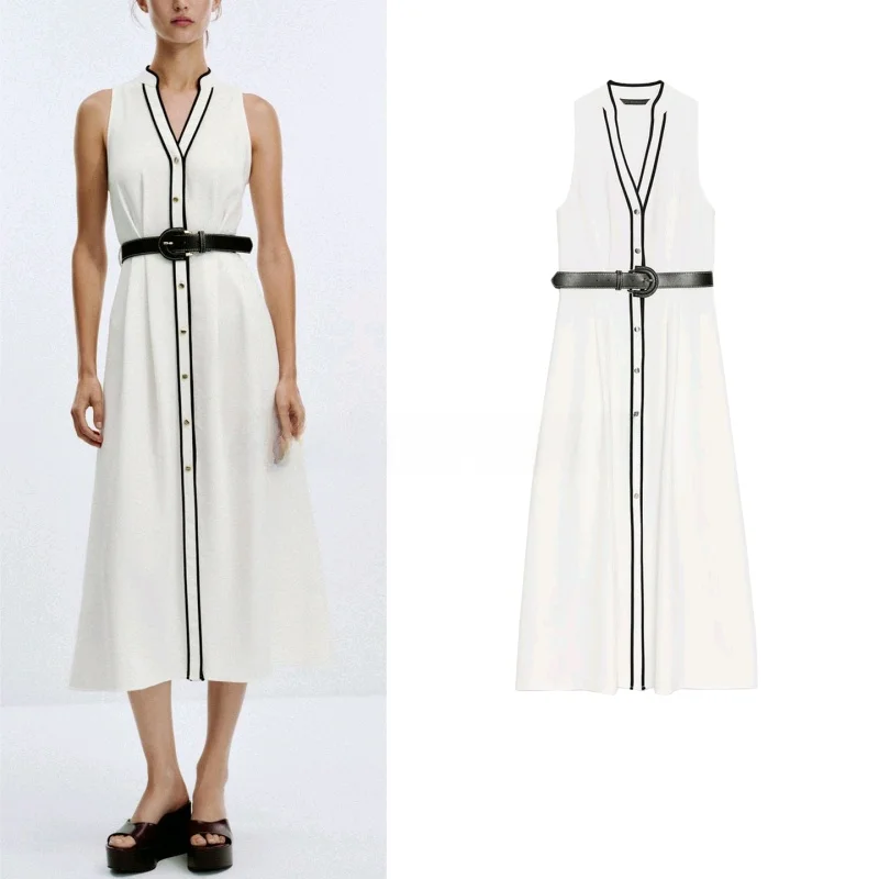 Vestido midi de verão, estilo mata, gola redonda, sem mangas, com blocos de cores, cintura alta, estilo casual para mu...