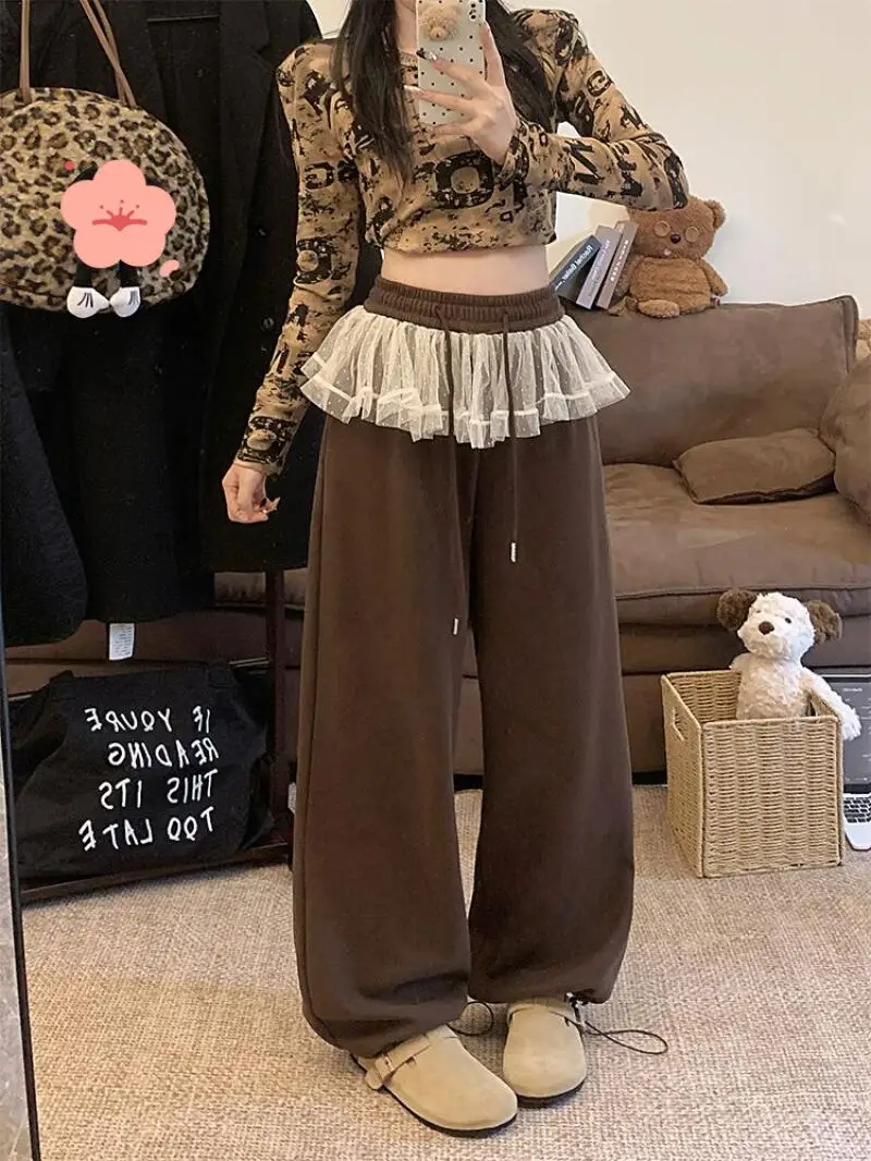 كسول الرياح السراويل النسائية نموذج جديد الدانتيل لينة الدنيم عارضة لصق الترفيه الشتاء عالية الخصر الرباط مزاجه السراويل فضفاضة