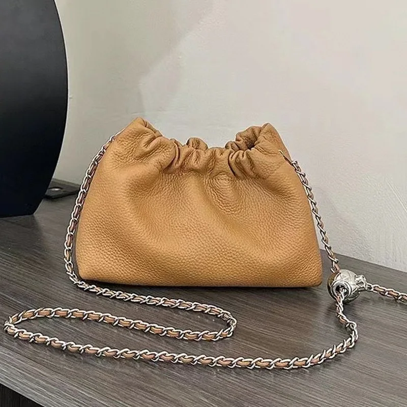 Hot Sale Silver Ball Chain Genuine Leather Small Bucket Bag Fashion Wrinkled Cowhide Single Shoulder Cloud Bag Hobo Tote Bag