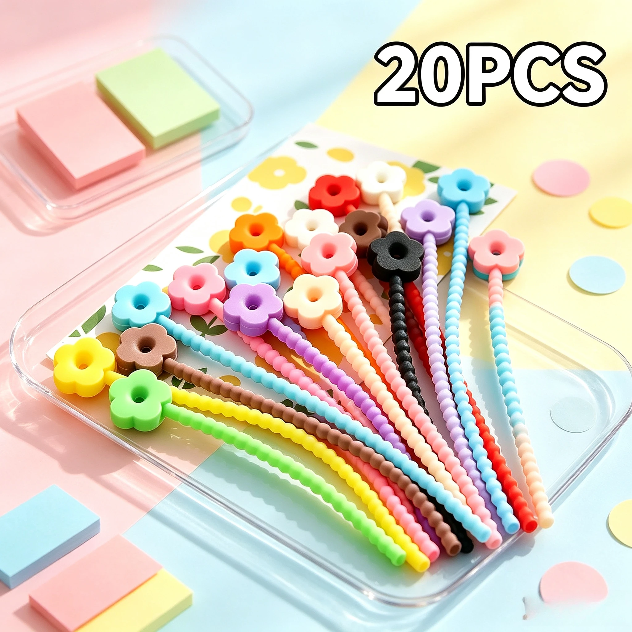 Multicolor Flower TPR Silicone Binding Straps 20 Pack, Reusable Tadpole Live Buckle Cable Ties for DIY Crafts Doll Bag Ornament
