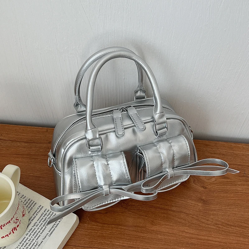 

Double Pockage Design Pu Leather Handbag Silver Bag 2026 New Spring Lady Clutch Bag Versatile Bowling Shoulder Crossbody Bag