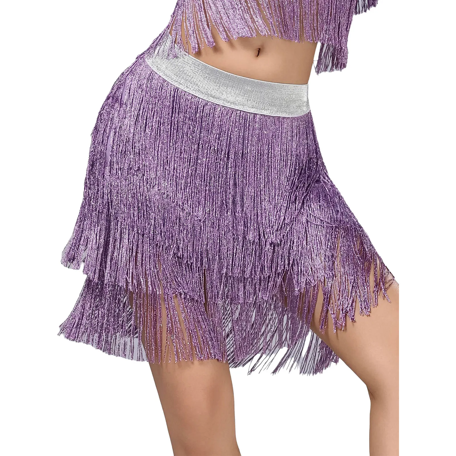 女性フリンジスイングラテンタンゴタッセルスカートダンスウェア光沢のある弾性ウエストバンドティアードスカートダンス衣装チャチャルンバサンバ