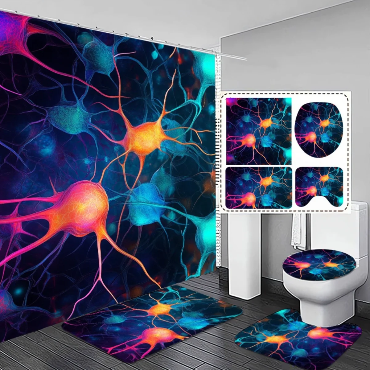 

4pcs. Neuron Print Shower Curtain and Non-Slip Absorbent Bath Mat Set for Modern Bathroom Decor Exquisite and Practical Home