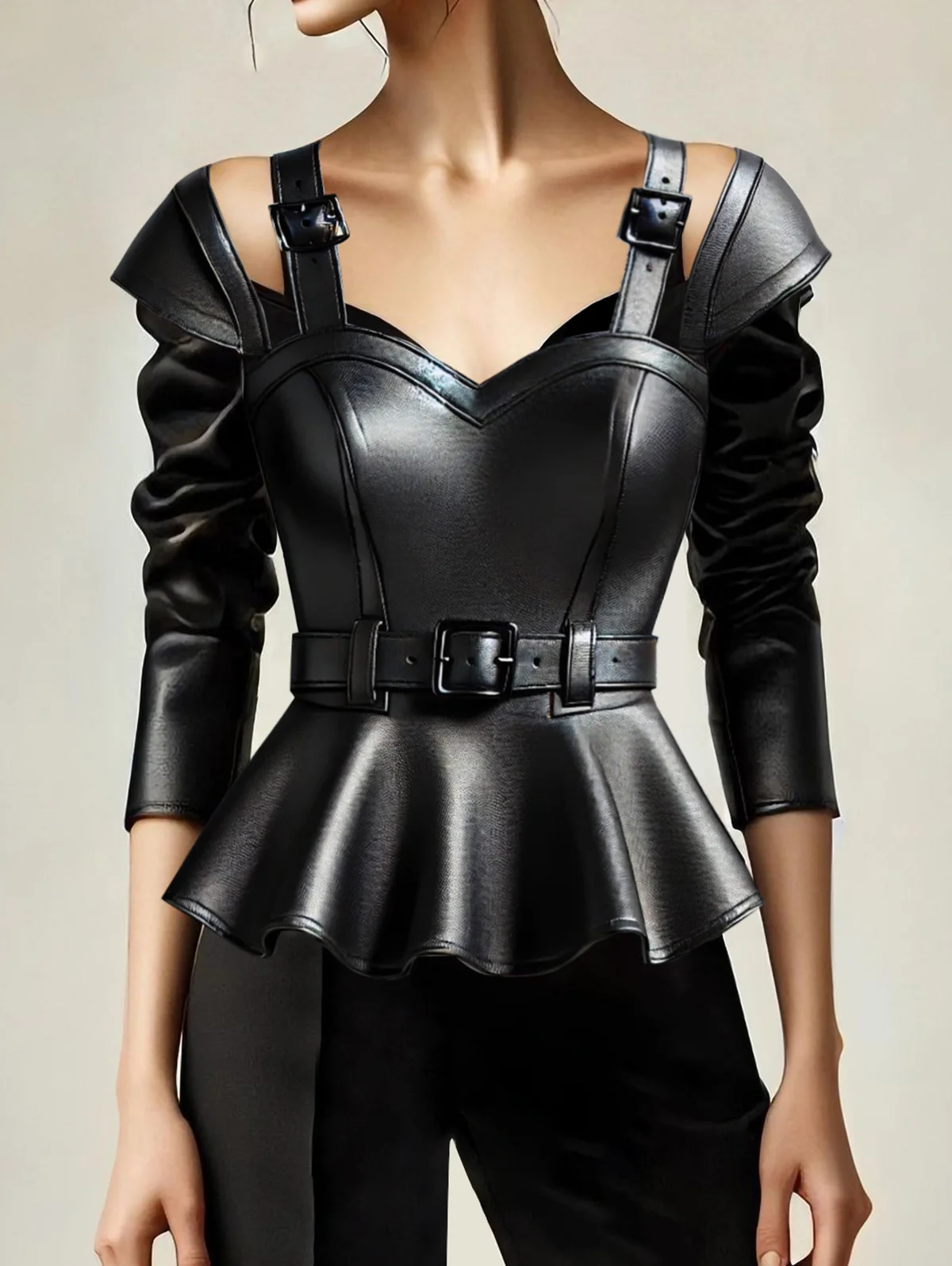 

Sweet Women PU Leather Top Cold Shoulder Faux Leather Peplum Belt Blouse PU T shirts Blouse Slim Fit High Street Streetwear