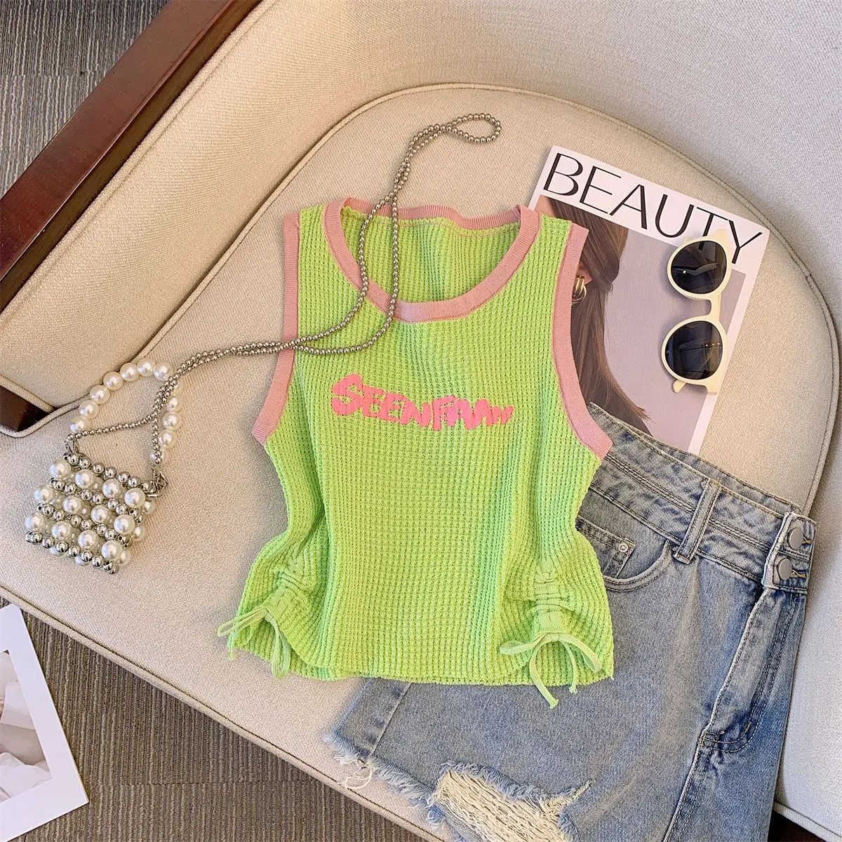 Retro Temperament Knitted Camisole Women\'s Spring 2024 New Design Sense Slim Back Short and Versatile Top
