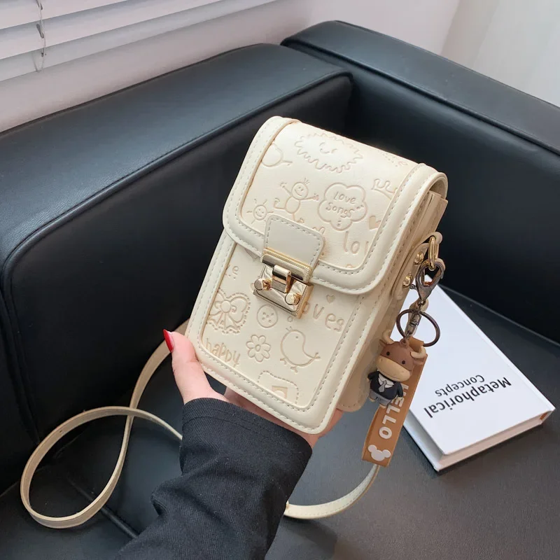 Fashion PU Leather Women\'s Bag Street Trend Cute Mobile Phone Bag Cartoon Embossed Shoulder Bag Crossbody Bag Small Square Bag