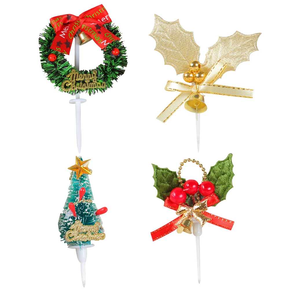 

4 Pcs Christmas Baking Plugin Holly Cake Topper Decorate Xmas Cupcake Pick Holiday Picks The Bell