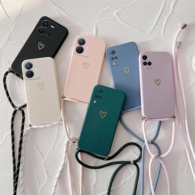 Crossbody Lanyard Silicone Phone Case For Vivo Y53s Y20 Y30 Y50 Y52s Y31s Y70s Y51s Y73s Y66 Y85 Y93 Y95 Y97 Y53 Y33s Y51s Cover