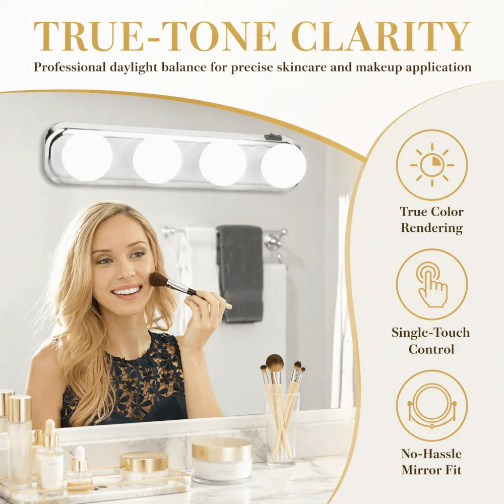 ABS Mirror Lights 4 Bulbs Silver Makeup Vanity Lights Wall Mounted Suction Cup Vanity Lights Living Room Bathroom Dressing Room