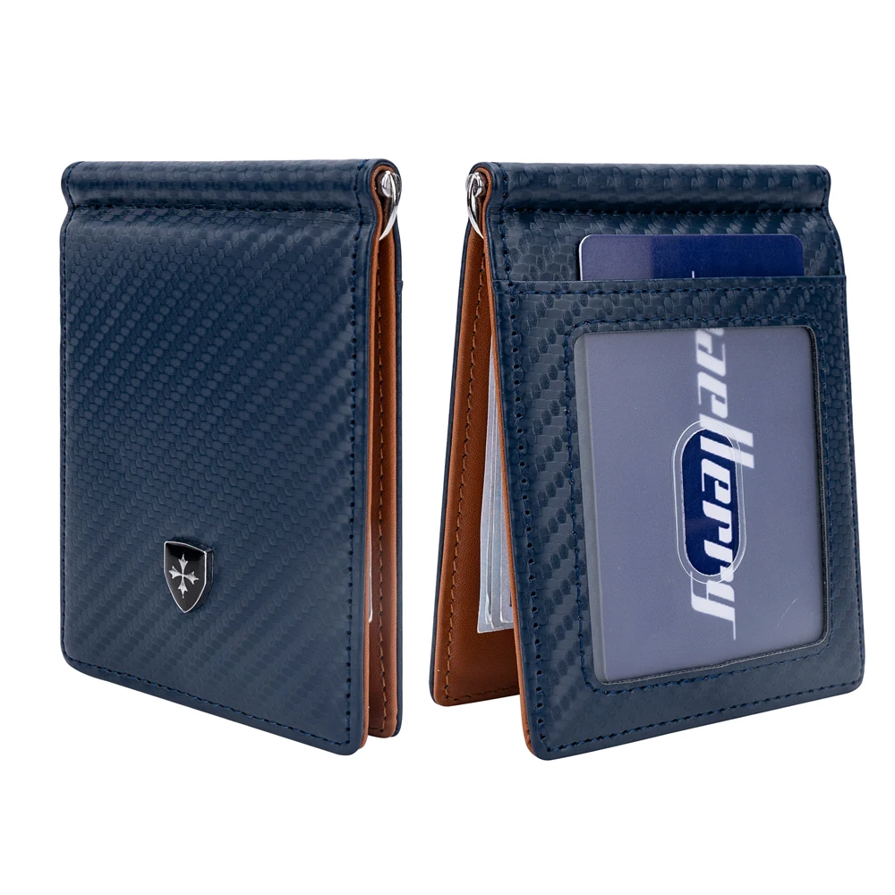 Men's carbon fiber pattern wallet and card holder, PU leather 80% off ultra-thin wallet, with metal bill clip and transparent ID window, multiple card slots