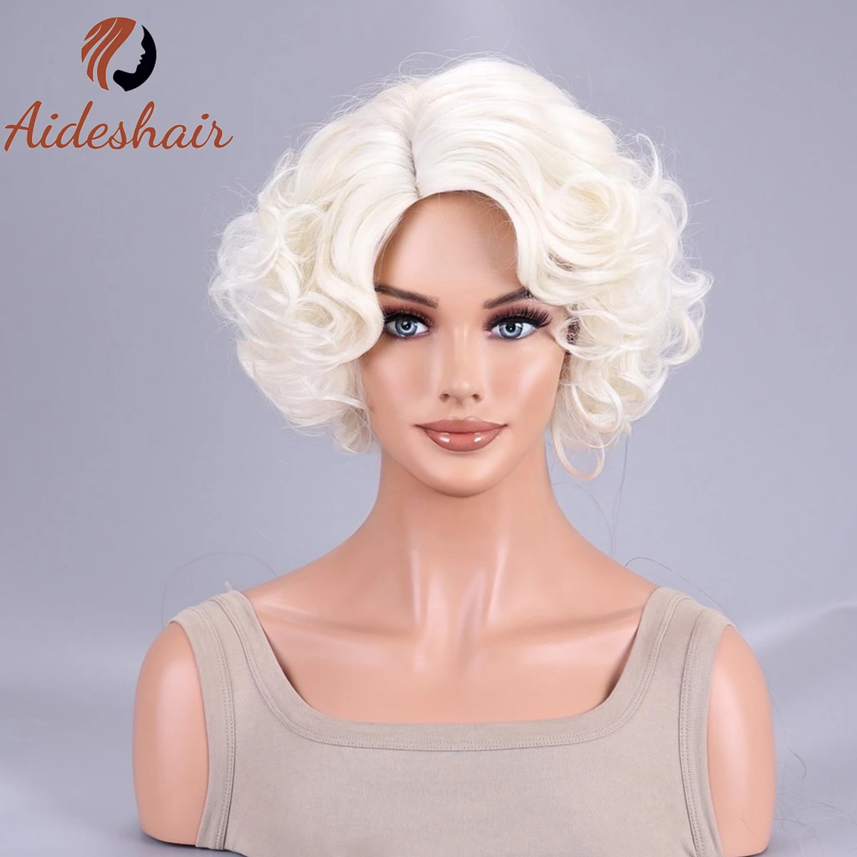 Aideshair synthetic wig  Blonde short curly wig with bangs attractive full wig for women and girls