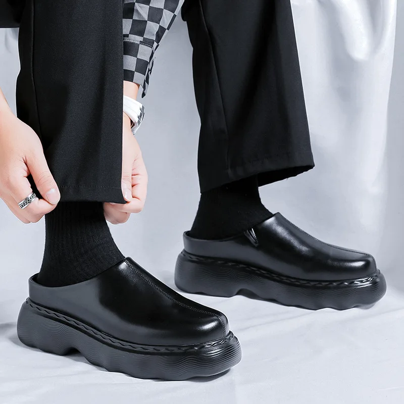 mens fashion half shoes slip-on platform shoe black stylish original leather summer loafers brand designer sneakers man footwear image 3