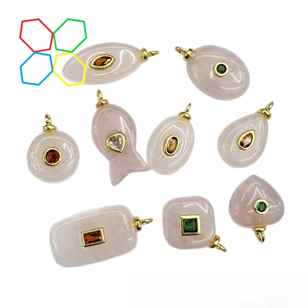 6pcs Natural Rose Quartz Colorful Zircon Inlaid Square Marquise Heart Fish Oval Pendant DIY Necklace Jewelry Making Accessories