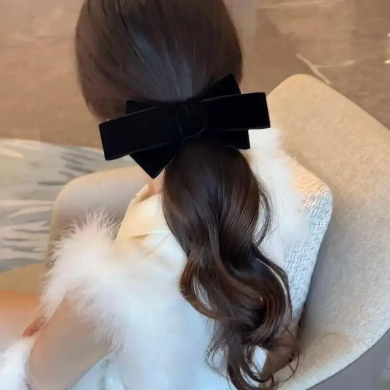 Zwart fluwelen strik haarclip grote satijnen strik haarspeld retro elegant haaraccessoire voor vrouwen achterkant van het hoofd haarspeldje