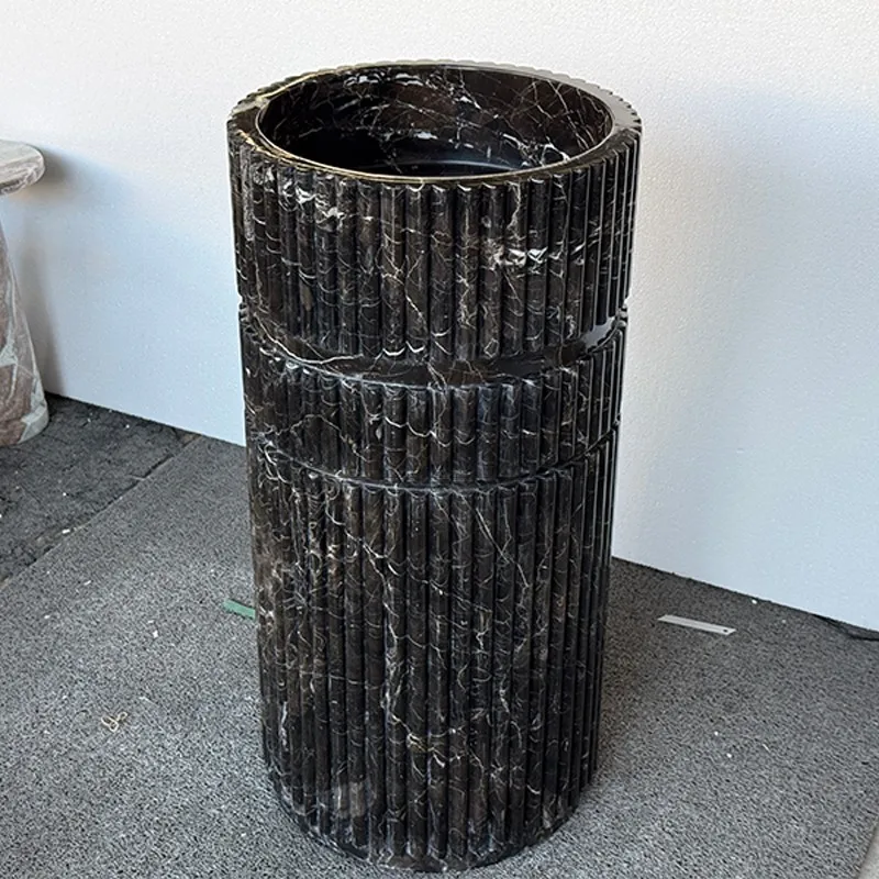 Black Marquina marble recessed freestanding pedestal sink, integrated stone wash basin, suitable for hotel bathrooms