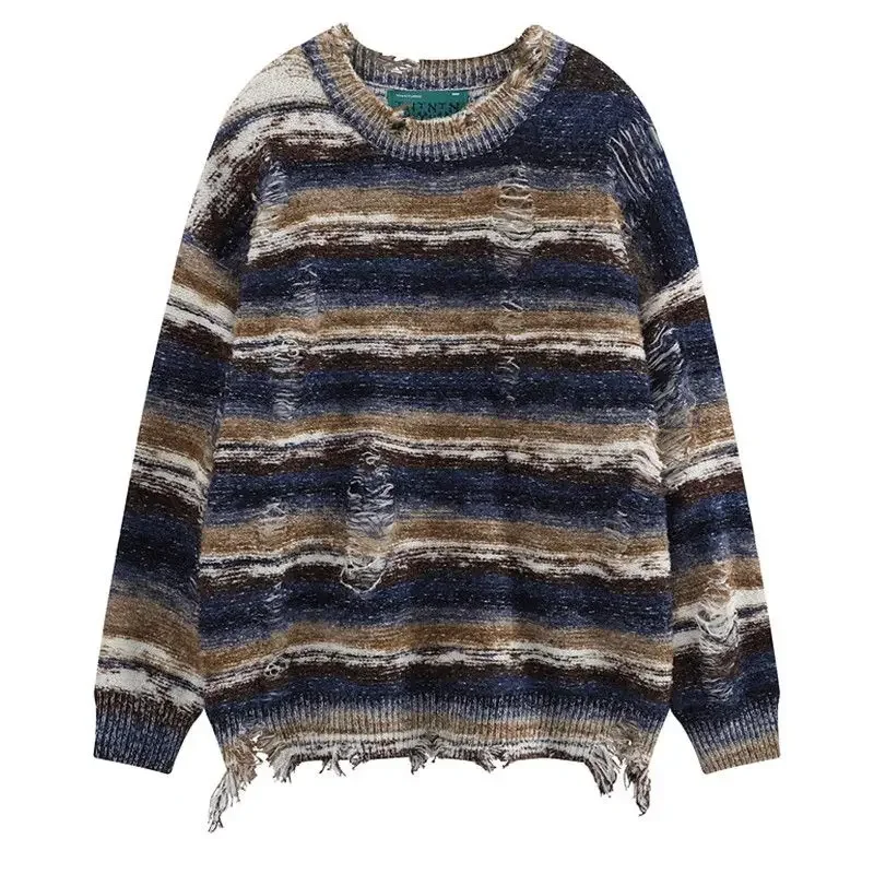 

American vintage high street ripped stripe knit sweaters for men and women in autumn and winter casual versatility loose thin