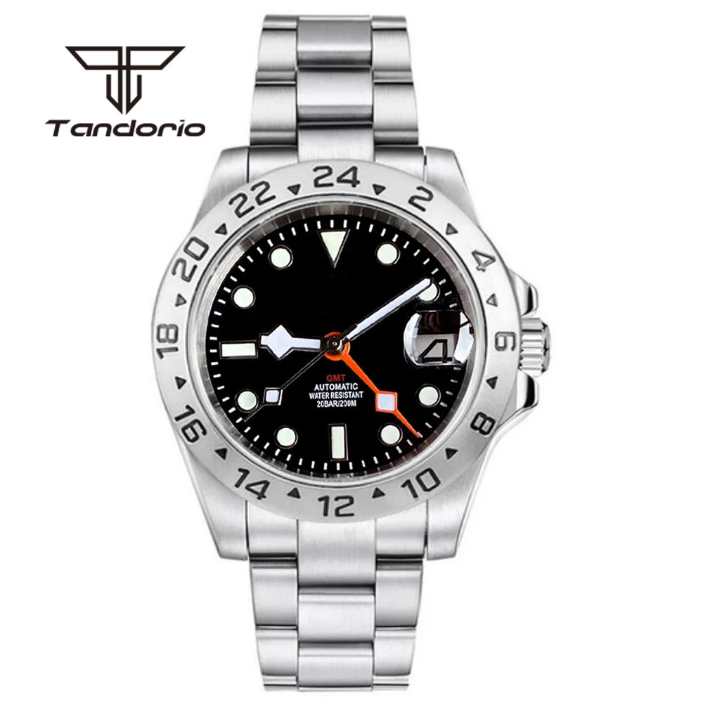 Tandorio Stainless Steel 39mm NH34A GMT Function Dress Automatic Wristwatch for Men Sapphire Glass Black Dial Date Screw Crown