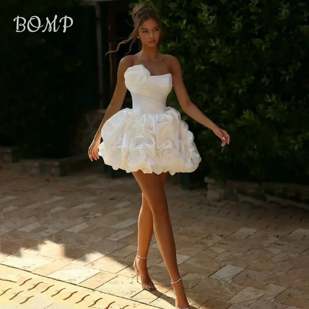 Bomp sexy mini vestido de casamento sem alças com flores 3d sem mangas plissado bola noiva personalizado cetim verão vestido curto para festa