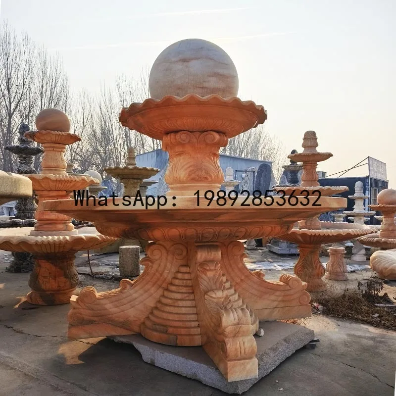 CZ Sunset Red Feng Shui Ball Yellow Rust Stone Carving Fountain Courtyard Villa Water Landscape Ornament