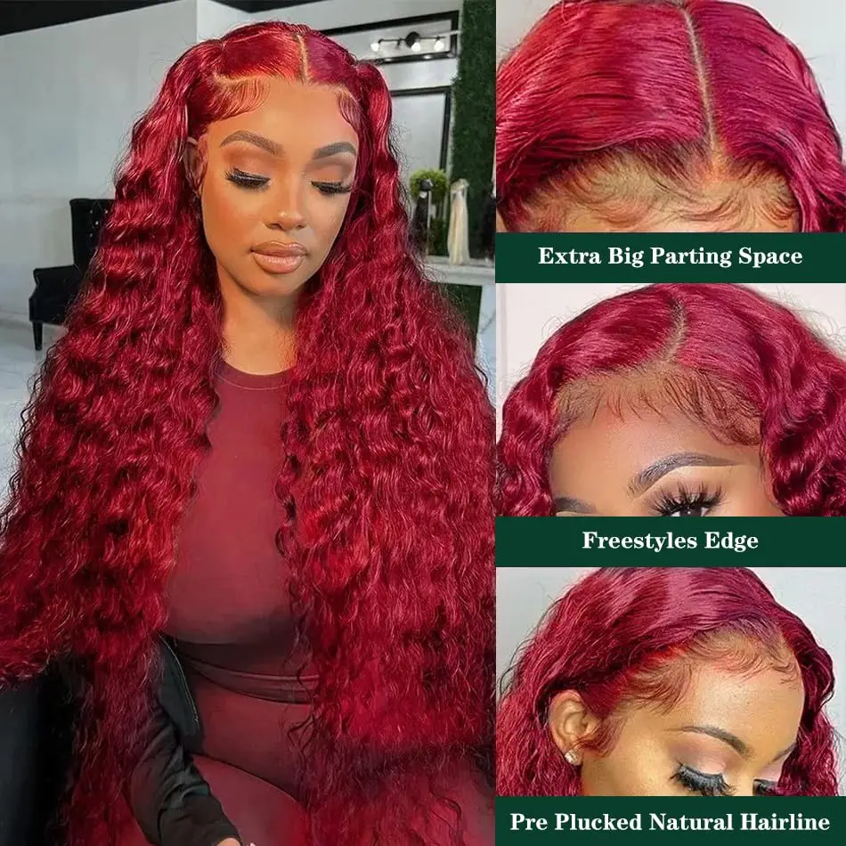 26Inch 99J Burgundy deep wave 13x4 Deep Wave Lace Closure Wigs Burgundy Deep Curly Lace Front Wigs 180% Density