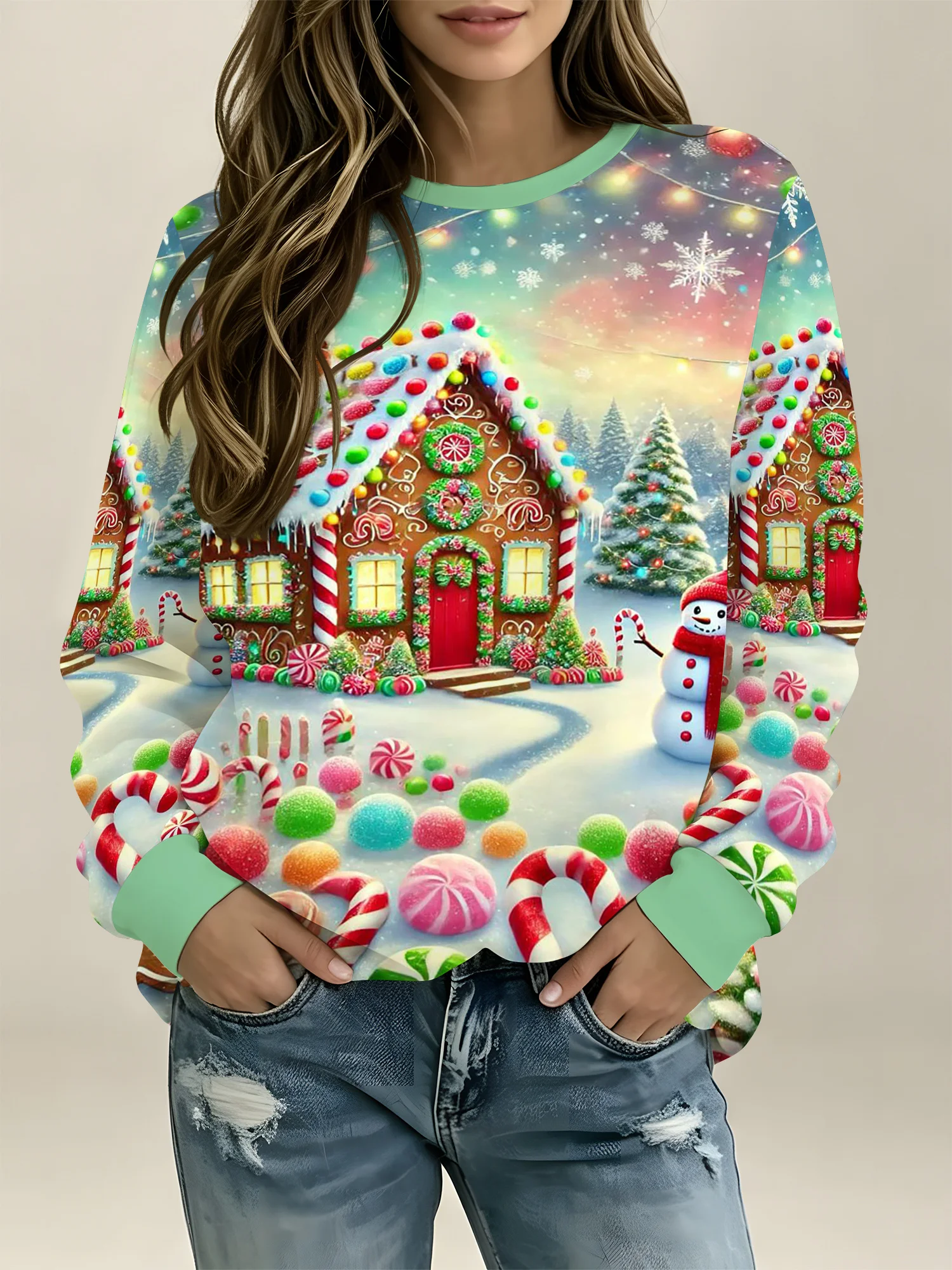 Women's Crew Neck Sweatshirt Christmas Gingerbread House Candy Print Holiday Pullover Autumn Fashion Casual Women Clothes